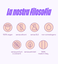 La nostra filosofia: 100% vegan, senza siliconi, senza SLS, non comedogeno, senza profumi e coloranti, senza petrolati, 100% made in Italy.