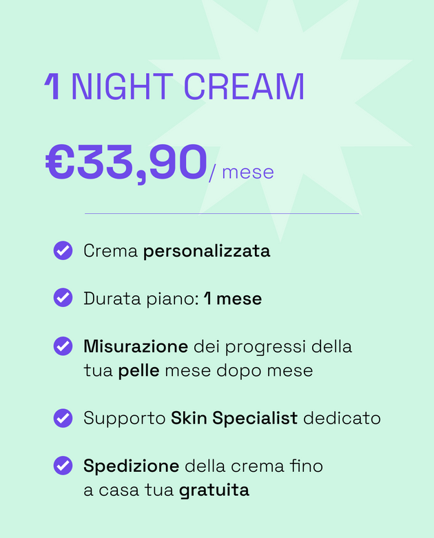 1 Mese skincare personalizzata - Crema personalizzata, durata piano 1 mese, misurazione progressi pelle, supporto Skin Specialist.
